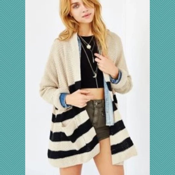 BDG Beige Striped Textured Knit Open Front Cardigan - Picture 7 of 7